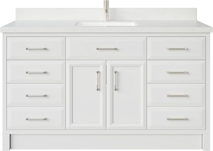 Capri III 60" Single Sink Bathroom Vanity With Stealth Organizer, Solid Wood Bathroom Cabinet with Engineered Stone Countertop & Backspalsh, Soft Closing Door & Drawer, Pre-Assembled, White