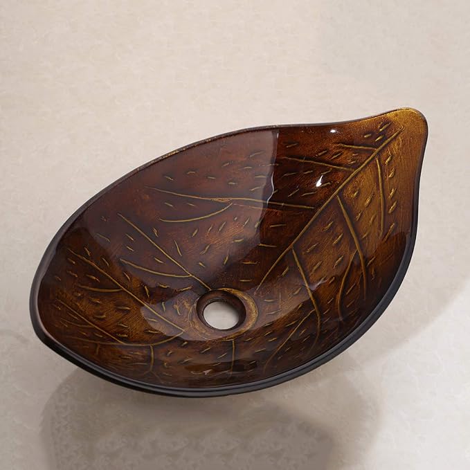 Bathroom Vessel Sink Combo Tempered Glass Leaf Shape Bowl