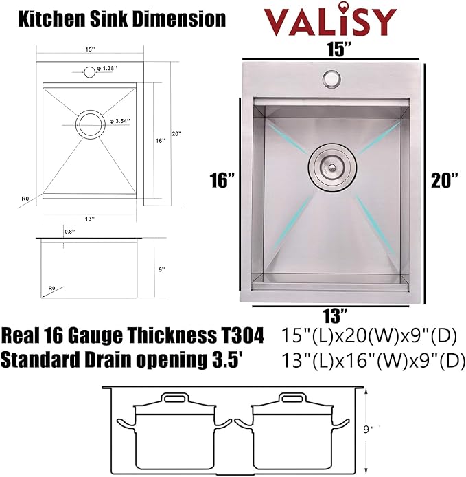 Bar Sink Drop In, 15 x 20 Inch Kitchen Sink, Stainless Steel Square Small Topmount Workstation Sinks, Single Bowl Kitchen Sinks for Office Laundry Wet Bar Prep RV Outdoor Yard