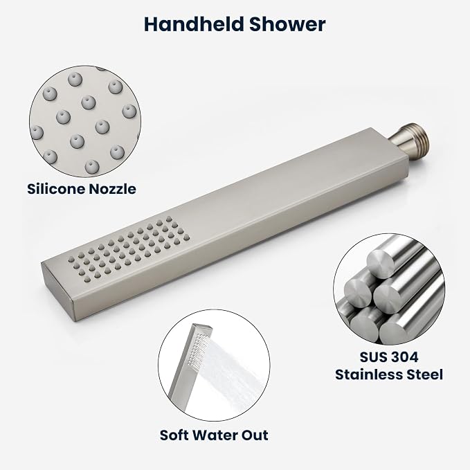 gotonovo Rainfall Shower System with Full Body Jets 6pcs Brushed Nickel | 12’’ Rainfall Shower Head with Handheld Spray Combo,Wall Mount,Rough-in Valve and Trim Kit,Brass Body Message Jets,All Metal