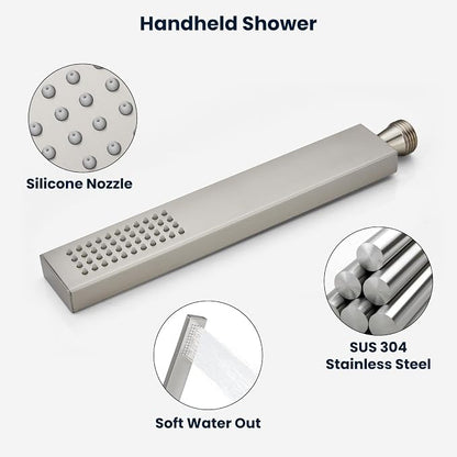 gotonovo Rainfall Shower System with Full Body Jets 6pcs Brushed Nickel | 12’’ Rainfall Shower Head with Handheld Spray Combo,Wall Mount,Rough-in Valve and Trim Kit,Brass Body Message Jets,All Metal