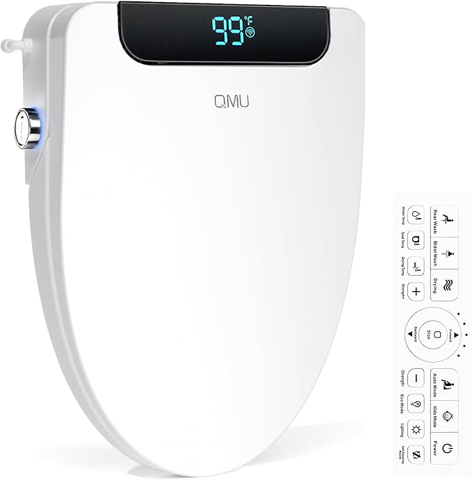 Electric Bidet Toilet Seat Elongated – Heated Seat, Warm Water & Dryer | Wireless Remote & Side Knob Dual Control, Self-Cleaning Nozzle, Slow-Close Lid, LED Display, Night Light, Easy DIY Install