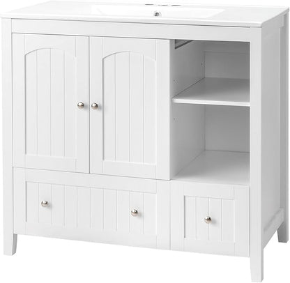 VINGLI 36" Modern Bathroom Vanity with Ceramic Sink, White Bathroom Vanity Cabinet w/2 Stripe Doors & 2 Drawers, Bathroom Sink Cabinet Combo, Floor Storage Cupboard w/Open Shelf for Bathroom