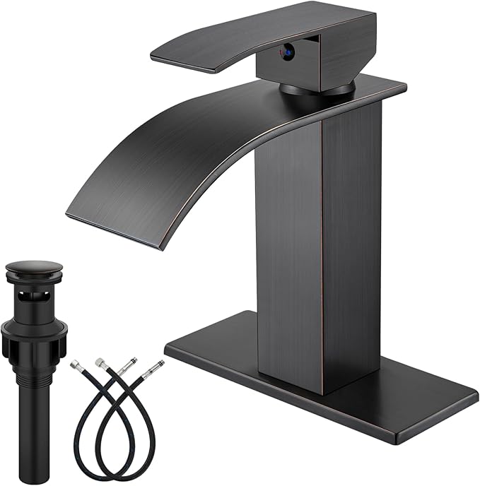 Midanya Bathroom Faucet with Waterfall Spout, Single Hole or 3-Hole Deck Mount, 304 Stainless Steel Sink Faucet with Pop-Up Drain, RV Vanity Compatible,Oil Rubbed Bronze