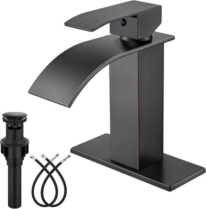 Midanya Bathroom Faucet with Waterfall Spout, Single Hole or 3-Hole Deck Mount, 304 Stainless Steel Sink Faucet with Pop-Up Drain, RV Vanity Compatible,Oil Rubbed Bronze
