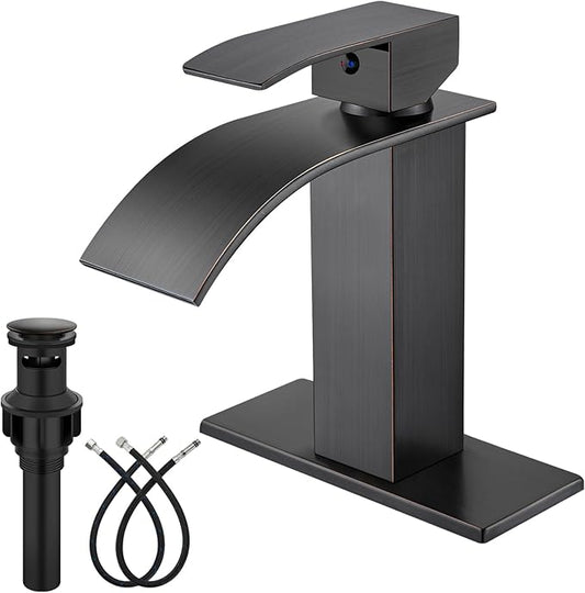 Midanya Bathroom Faucet with Waterfall Spout, Single Hole or 3-Hole Deck Mount, 304 Stainless Steel Sink Faucet with Pop-Up Drain, RV Vanity Compatible,Oil Rubbed Bronze