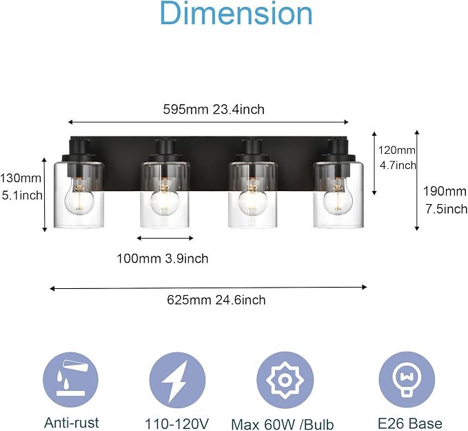 4 Light Bathroom Vanity Lights, Bathroom Lighting Fixtures over Mirror with Clear Glass Shades, Black Vanity Light For Bathoom, Modern Wall Sconces Vanity Lighting Fixture for Bathroom Hallway