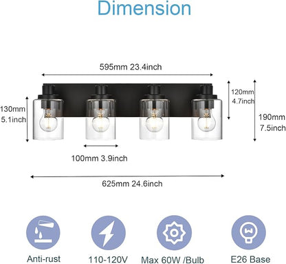 4 Light Bathroom Vanity Lights, Bathroom Lighting Fixtures over Mirror with Clear Glass Shades, Black Vanity Light For Bathoom, Modern Wall Sconces Vanity Lighting Fixture for Bathroom Hallway