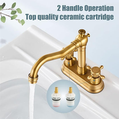 Aolemi 4 Inch Centerset Bathroom Sink Faucet Vintage 2 Cross Handle RV Mixer Tap Basin Vanity Lavatory Utility for Sink 3 Hole Include Hoses Pop Up Drain Faucet Handle Without Label Antique Brass