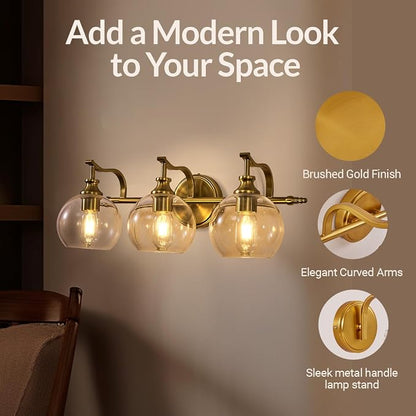 Bruhsed Gold Bathroom Light Fixtures, Gold 3 Light Bathroom Vanity Lights, 3 Lights Wall Light with Globe Clear Lampshade, Vintage Brass Sconce with Metal Lamp Body for Bedroom, Living Room