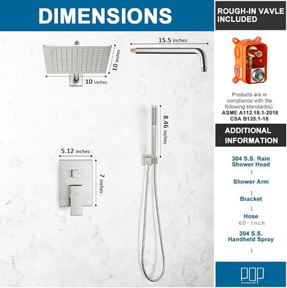 Shower Faucet Set Brushed Nickel Rainfall 10 Inch Shower Head and Handle Set Bathroom Rain Shower System Wall Mounted Shower Fixture Include Shower Valve and Trim Kit