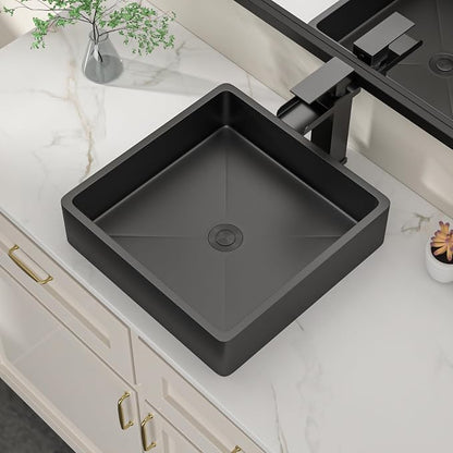 Dcolora 15 In. Black Drop In Bathroom Vessel Sink, 16 Gauge Stainless Steel Vanity Sink with Drain Assembly, R10 Rounded Corners,15”D x 15”W x 4”H #DC-VS261201