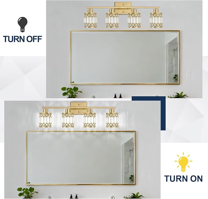 Crystal Modern Bathroom Light Fixtures, 4-Light Brushed Gold Bathroom Vanity Wall Light, Vanity Lights for Mirror, Restroom, Bedroom (E26 Socket, Bulbs Not Included)