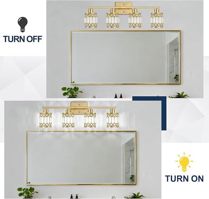 Crystal Modern Bathroom Light Fixtures, 4-Light Brushed Gold Bathroom Vanity Wall Light, Vanity Lights for Mirror, Restroom, Bedroom (E26 Socket, Bulbs Not Included)