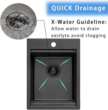 KINGO HOME Drop in Black Bar Sink, 15 x 20 Inch Single Bowl Small Kitchen Sink,304 Stainless Steel Topmount Wet Bar Sink Prep Sink With Grid&Drainer&Cutting Board