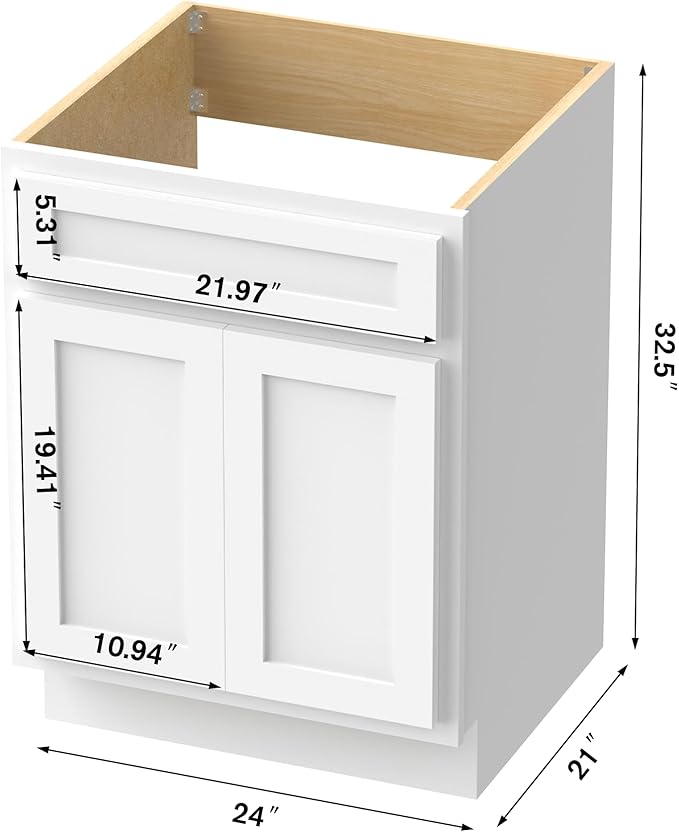 Vanity Art 24 Inch Double Shutter Door Bathroom Vanity Base Cabinet with Soft Closing Shaker Drawer, Strudy Floor Mount Storage Cabinet Organizer for Bedroom, Living Room, Kitchen, VA4024-W