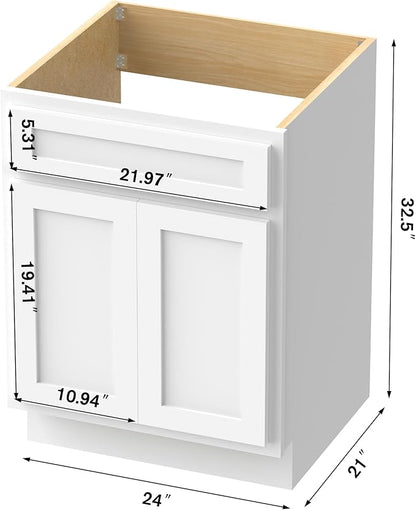 Vanity Art 24 Inch Double Shutter Door Bathroom Vanity Base Cabinet with Soft Closing Shaker Drawer, Strudy Floor Mount Storage Cabinet Organizer for Bedroom, Living Room, Kitchen, VA4024-W