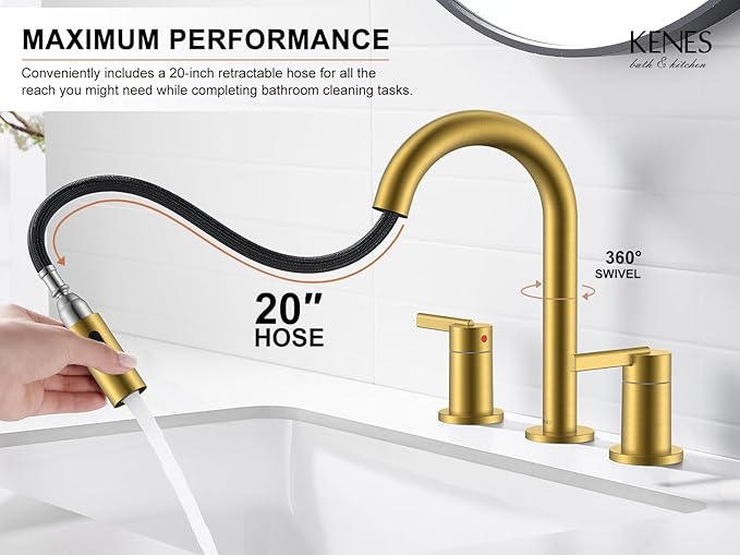 KENES Brushed Gold Pull Down Bathroom Faucet, 8 Inch 2 Handle Widespread Bathroom Faucet 3 Hole with Pull Out Sprayer, Bathroom Sink Faucet with Pop Up Drain & Supply Lines LJ-9068-4