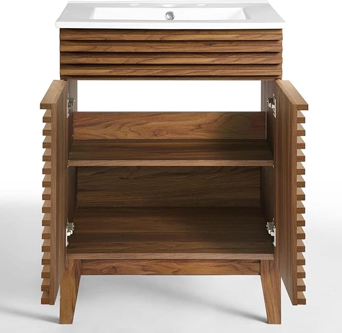 Modway Render Mid-Century Bathroom Vanity With Sink in Walnut White,24 Inch