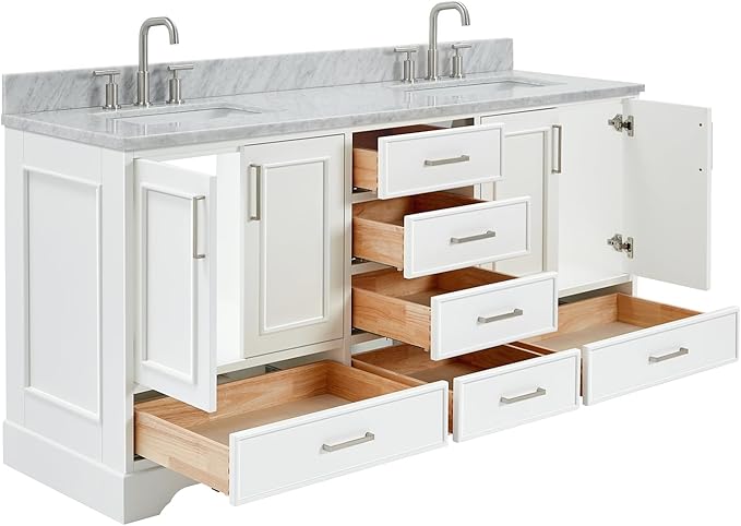 ARIEL Stafford 72-inch Bathroom Vanity with Sink,Solid Wood, 0.75-inch Italian Carrara Marble Countertop, Double Rectangular Porcelain Sink, 4 Soft Closing Doors, 6 Dovetail Drawers, White