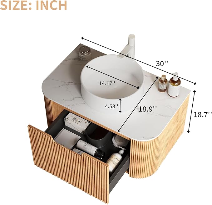 LKTART 30 Inch Floating Bathroom Vanity with Sink, Modern Wall Mounted Bathroom Storage Cabinet with Drawer, Round White Ceramic Sink Top and Marble Texture Top, Natural Wood