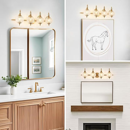 Brushed Gold Bathroom Vanity Light Fixture Vintage Style - 4 Light G9 Bulb Compatible, 30" Wide Bathroom Lighting Over Mirror with Hand-Etched Glass Shades, Easy Mount for Makeup Area