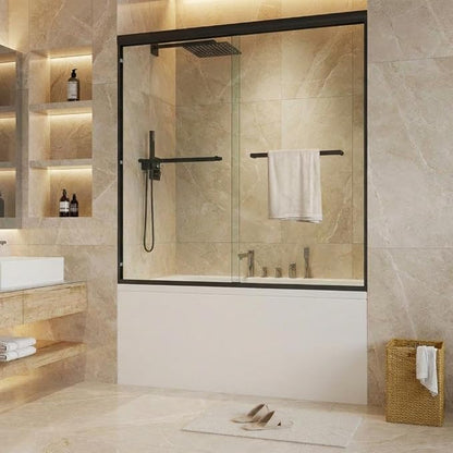 Bathtub Shower Door, 60" W x 59" H Sliding Tub Door with Dual Panels, 6mm (1/4") SGCC Tempered Glass with Explosion-Proof Film & Protective Coating, Matte Black Aluminum Alloy Frame