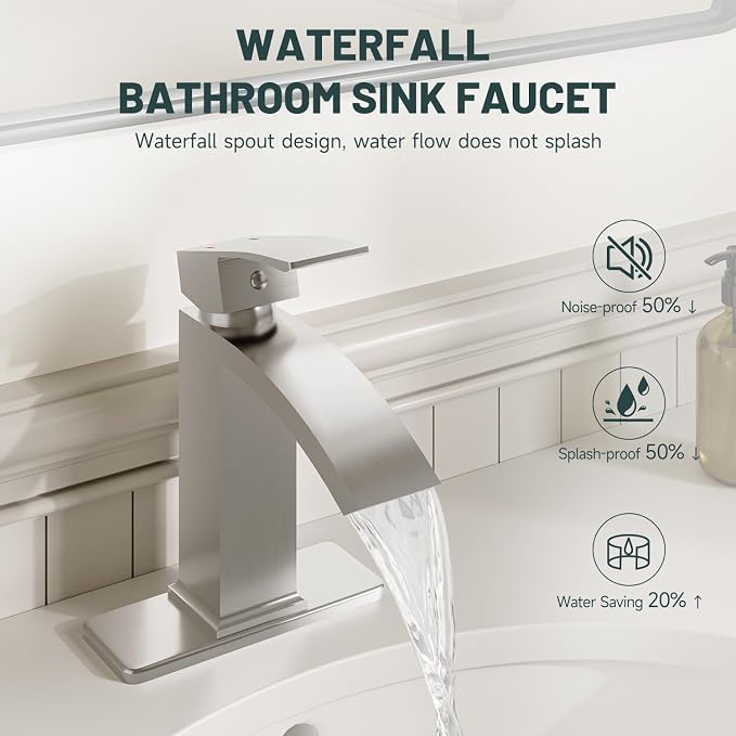 Brushed Nickel Waterfall Bathroom Faucets for 1 or 3 Holes, Brass | Brass Single Handle Bathroom Sink Faucet for Lavatory Commercial Vanity Basin Taps with Deck Plate Pop Up Drain & Supply Line