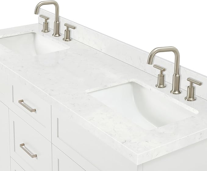 ARIEL Hamlet 66-inch Bathroom Vanity with Sink,Solid Wood, 1.5-inch Carrara White Quartz Countertop & Backsplash, Double Rectangular Porcelain Sink, 4 Soft Closing Doors, 3 Dovetail Drawers, White