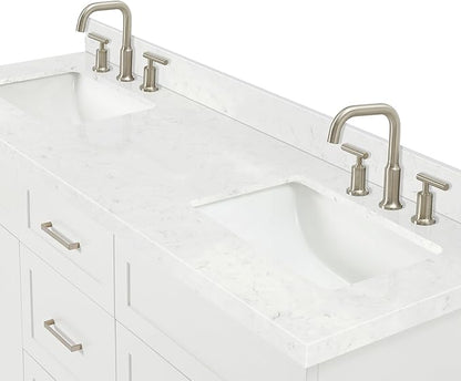 ARIEL Hamlet 66-inch Bathroom Vanity with Sink,Solid Wood, 1.5-inch Carrara White Quartz Countertop & Backsplash, Double Rectangular Porcelain Sink, 4 Soft Closing Doors, 3 Dovetail Drawers, White