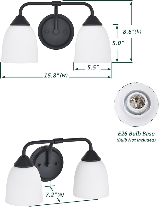 Black 2-Light Traditional Bathroom Vanity Light Fixtures Over Mirror, Modern Vanity Lights for Living Room, Standard E26 Base, Textured Black