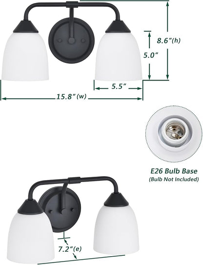 Black 2-Light Traditional Bathroom Vanity Light Fixtures Over Mirror, Modern Vanity Lights for Living Room, Standard E26 Base, Textured Black