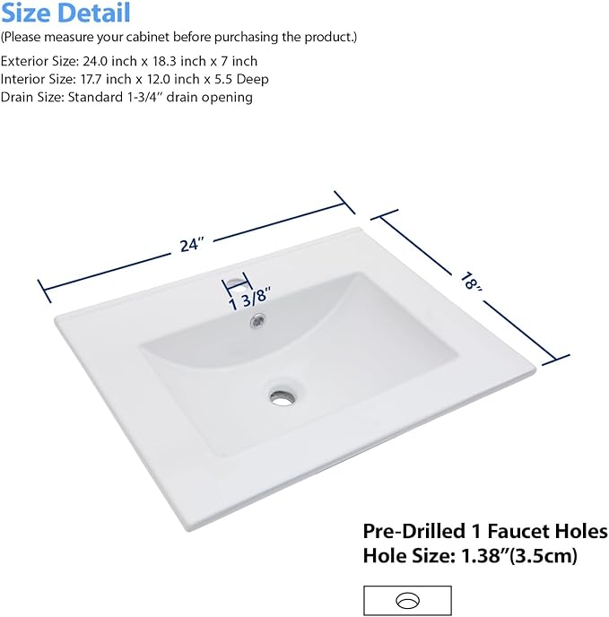 Lordear White Bathroom Sink 24 X18 Inch Vanity Sink Tops One Hole Drop In Porcelain Ceramic Bathroom Vanity Top Sink Basin 24" Inch Sinks for Bathroom