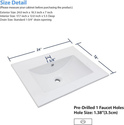 Lordear White Bathroom Sink 24 X18 Inch Vanity Sink Tops One Hole Drop In Porcelain Ceramic Bathroom Vanity Top Sink Basin 24" Inch Sinks for Bathroom