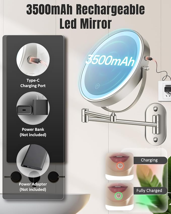 VFD 8'' 30X/1X Wall Mounted Lighted Magnifying Makeup Mirror with Lights | Double Sided Rechargeable Bathroom Mirror, 3 Color Lights Touch Dimmable Extended Arm 360 Rotation Light up Mirrors