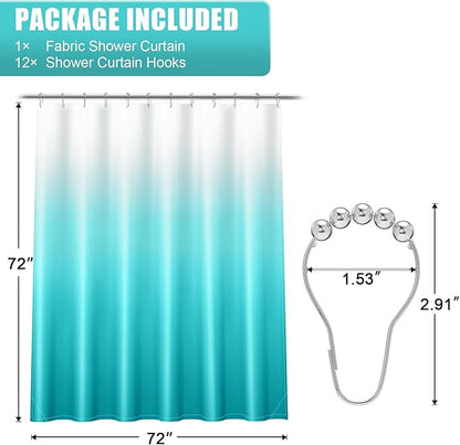 OLANLY Luxury Teal and White Ombre Shower Curtain Sets with 12 Hooks, Waterproof and Washable Decorative Shower Curtains for Bathroom, 72x72 Inches