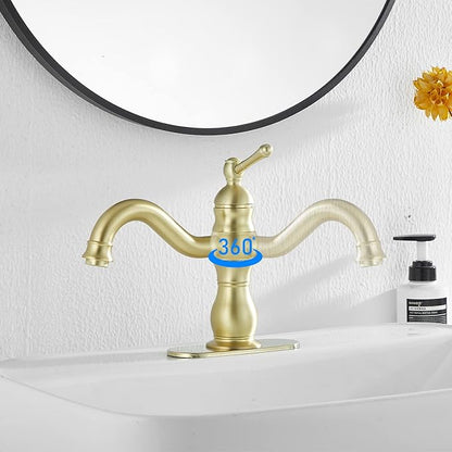 Bathroom Faucet Brushed Gold GGStudy 360° Swivel Bathroom Vanity Faucet Single Handle One Hole Bathroom Sink Faucet Basin Matching Pop Up Drain with Overflow