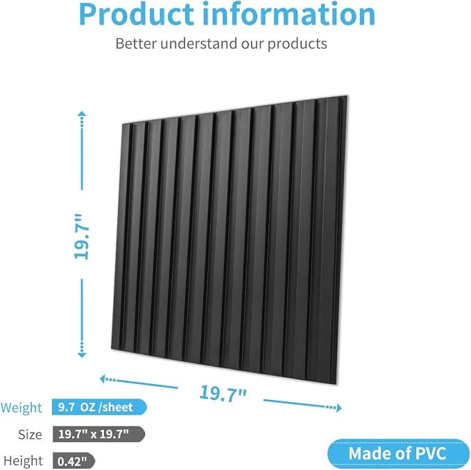 Art3d 3D Fluted Textured Slat Wall Panels, 19.7 x 19.7 in, 12-Pack, Black | PVC, Waterproof, Scratch Proof, Wipeable, Break-Proof, Ideal for Home, Office and Commercial Spaces