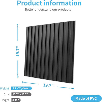 Art3d 3D Fluted Textured Slat Wall Panels, 19.7 x 19.7 in, 12-Pack, Black | PVC, Waterproof, Scratch Proof, Wipeable, Break-Proof, Ideal for Home, Office and Commercial Spaces