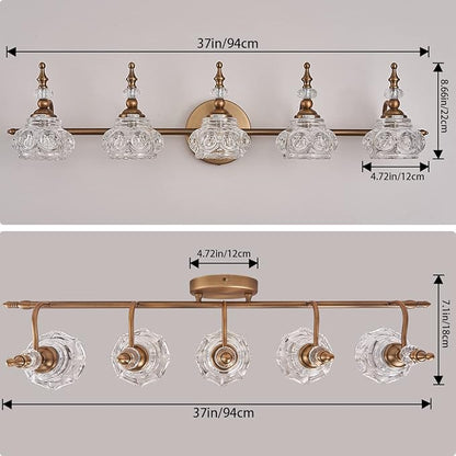 Brass 5-Light Bathroom Vanity Light, Vintage Bathroom Lighting Fixtures with Thick Crystal Glass Shade, Living Room