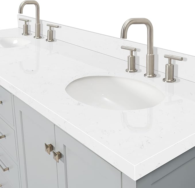 ARIEL Cambridge 72-inch Bathroom Vanity with Sink,Solid Wood, 1.5-inch Carrara White Quartz Countertop & Backsplash, Double Oval Porcelain Sink, 4 Soft Closing Doors, 6 Dovetail Drawers, Grey