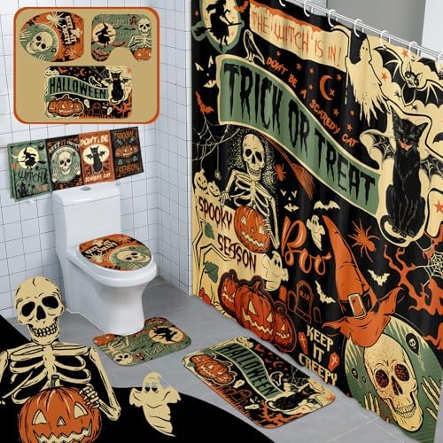 FuWeave 8 Pcs Halloween Shower Curtain Set for Bathroom Include Vintage Ghost Pumpkin Bat Cat Towels Non Slip Skull Rugs Toilet Lid Cover Spider Web Bath Mat and 12 Hooks for Halloween Bathroom Decor