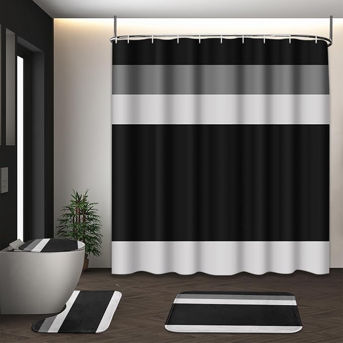 Geometric Bathroom Sets with Shower Curtain and Rugs, 4 Pcs, | Striped Minimalist Modern Black Bathroom Decor Set with Toilet Lid Cover, Non-Slip Bath Mats and Accessories 12 Hooks