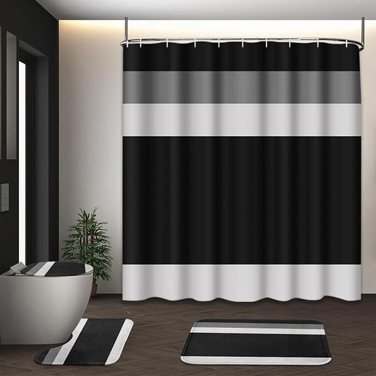 Geometric Bathroom Sets with Shower Curtain and Rugs, 4 Pcs, | Striped Minimalist Modern Black Bathroom Decor Set with Toilet Lid Cover, Non-Slip Bath Mats and Accessories 12 Hooks