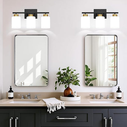 Black and Gold Bathroom Vanity Light Fixtures, 3-Light Modern Bathroom Wall Light with Frosted White Glass Shades, Vanity Light Over Mirror, E26 Base, Bathroom Lighting for Mirror (Bulbs Not Included)