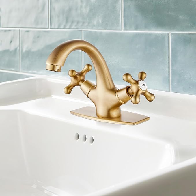 gotonovo Bathroom Sink Faucet Single Hole Double Cross Handle Knobs Lavatory Vessel Sink Mixer Tap Bathroom Faucet with Pop up Drain and Deck Cover Plate Antique Brass