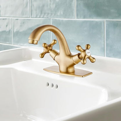 gotonovo Bathroom Sink Faucet Single Hole Double Cross Handle Knobs Lavatory Vessel Sink Mixer Tap Bathroom Faucet with Pop up Drain and Deck Cover Plate Antique Brass