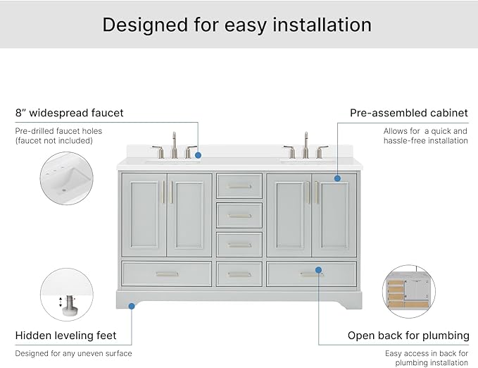 ARIEL Stafford 60-inch Bathroom Vanity with Sink,Solid Wood, 1.5-inch Pure White Quartz Countertop & Backsplash, Double Rectangular Porcelain Sink, 4 Soft Closing Doors, 6 Dovetail Drawers, Grey