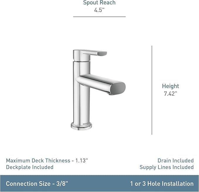 Moen Meena Chrome One-Handle Single Hole Modern Bathroom Sink Faucet with Optional Deckplate and Drain Assembly, 84794