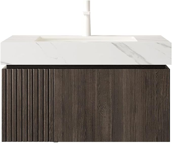 KEIKI 30 Inch Floating Bathroom Vanity with Sink, Espresso & White | Modern Wall Mounted Storage Cabinet w/ Drawer & Door, Pre-assembled Wood Panels, Sintered Stone Top & Ceramic Basin Combo Set